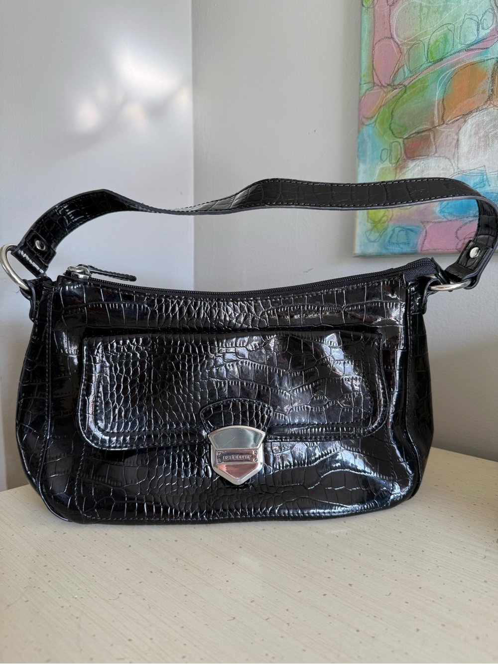 Liz Claiborne Black Faux Croc Patent Shoulder Bag Silver Hardware